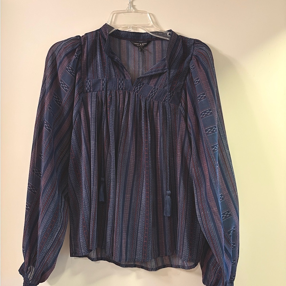 Lucky Brand Blue Smocked Blouse with Bishop Sleeves